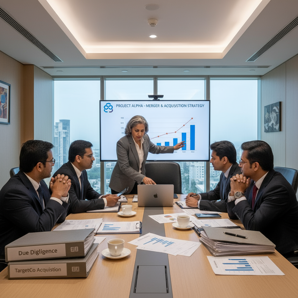 M&A advisors reviewing acquisition and merger documents in boardroom