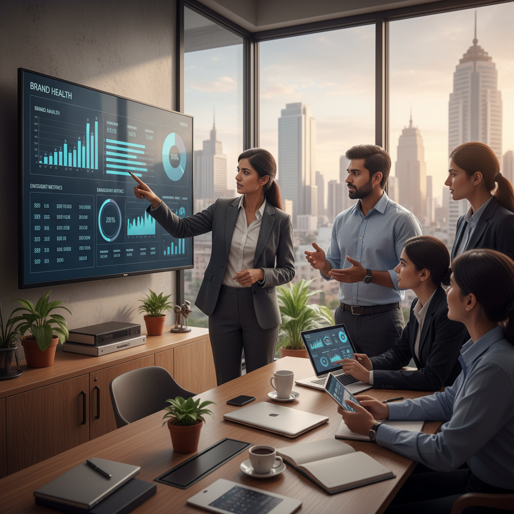 Consultant reviewing brand performance and reputation in modern office