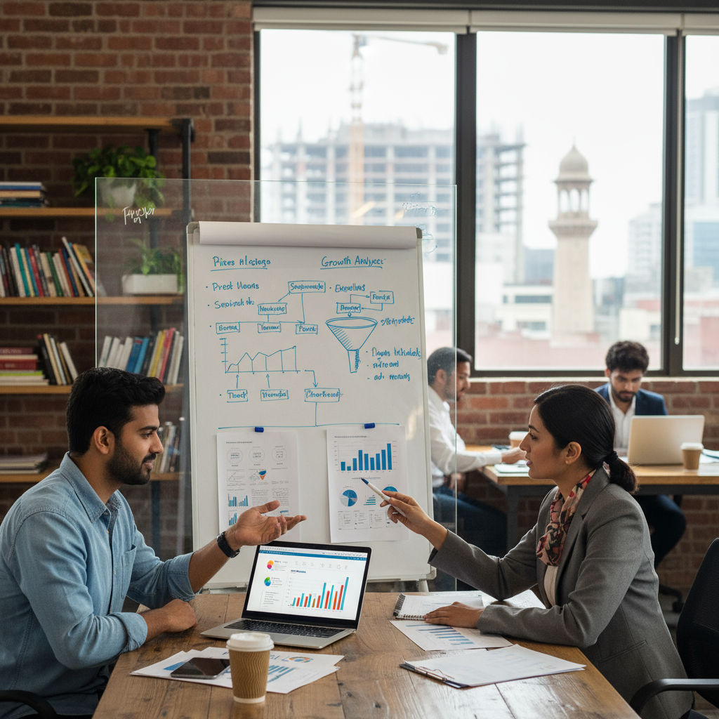 Startup founder consulting with advisor on business growth strategy