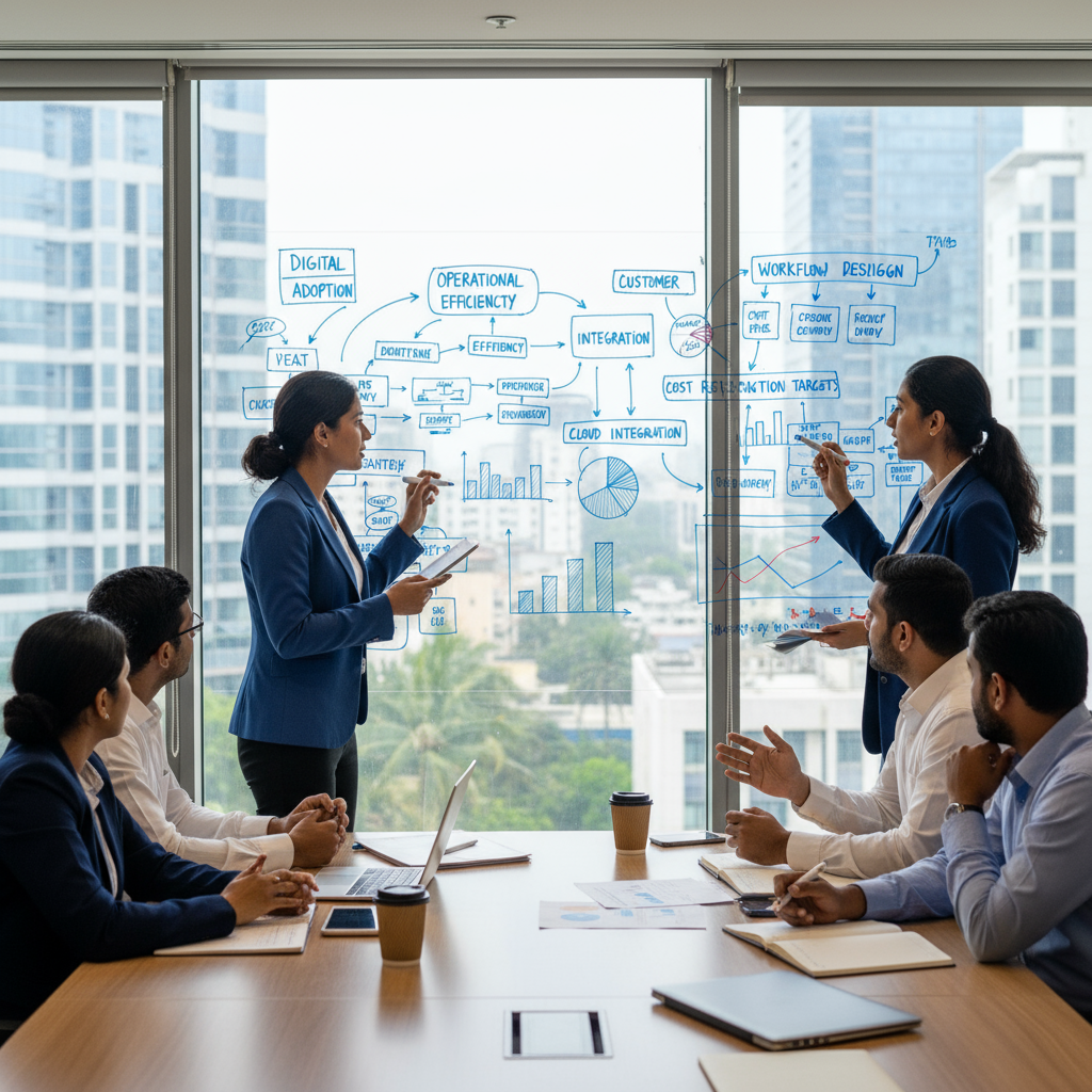 Consultants brainstorming business transformation plan in Indian corporate office