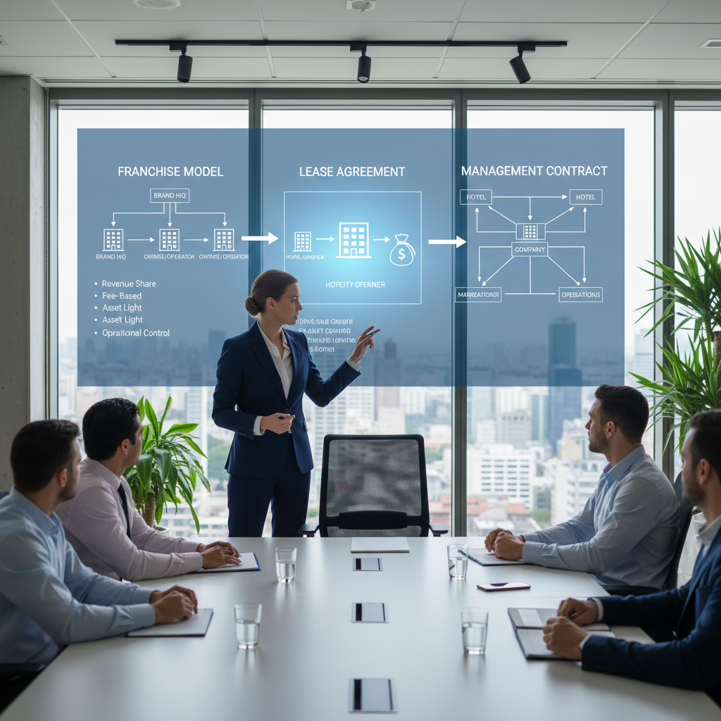 Consultant presenting different hotel business models in office