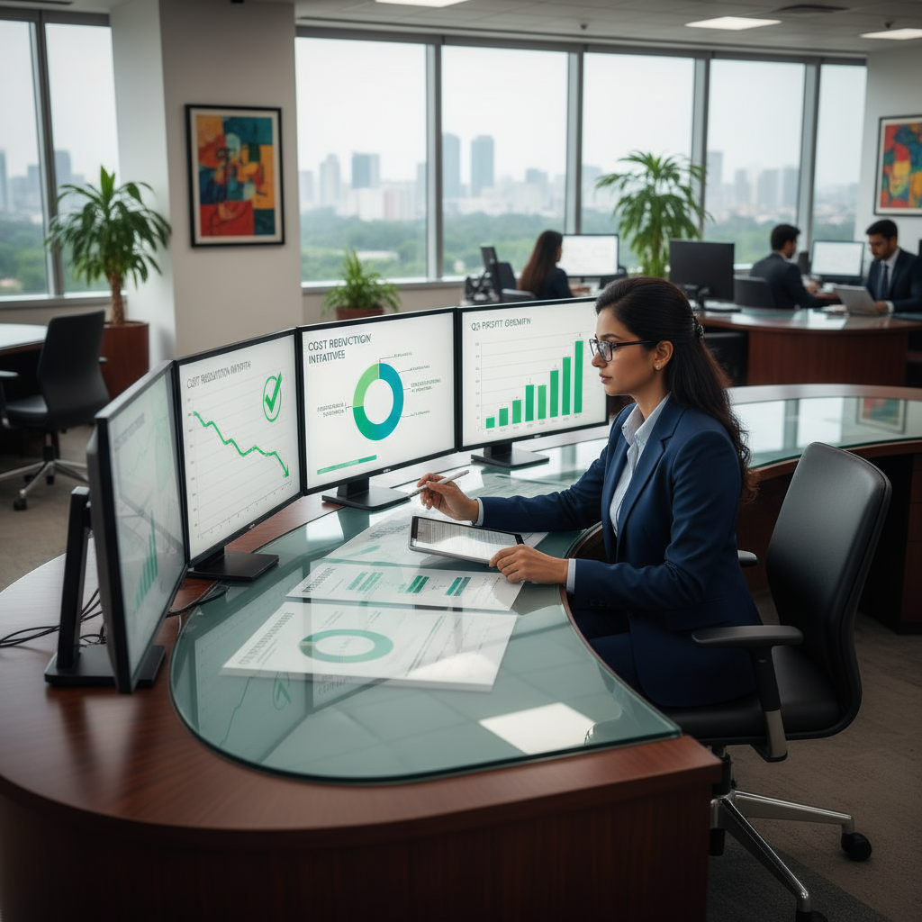 Consultant analyzing cost reduction strategies and profit optimization charts in Indian office