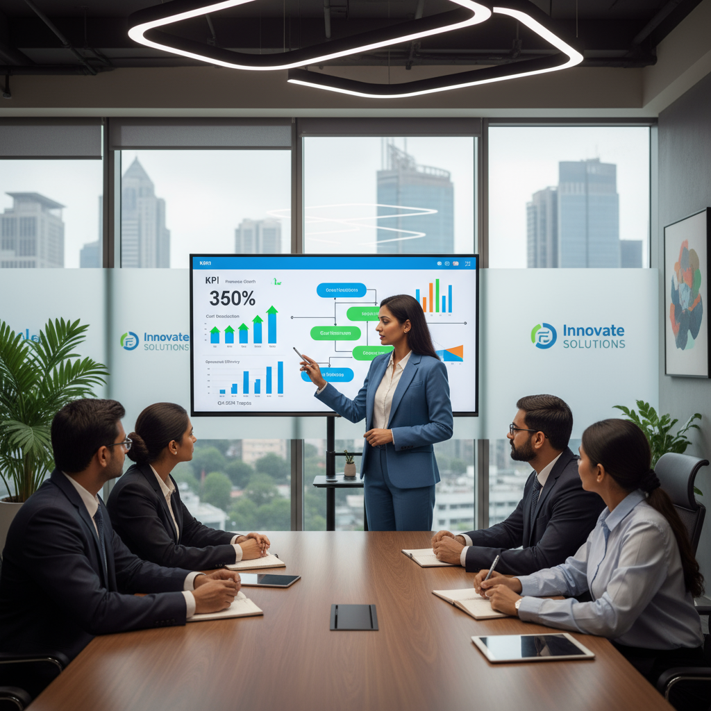 Consultant explaining transformation strategy to executives in office